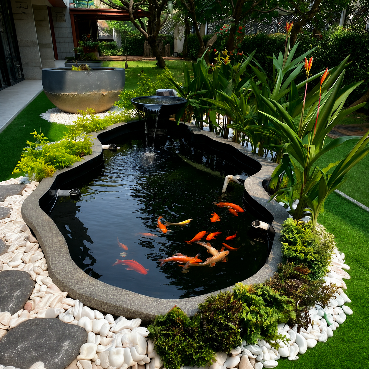 Koi pond with a spillway bowl waterfall, white-pebble border and tropical planting, built by GP FloraL
