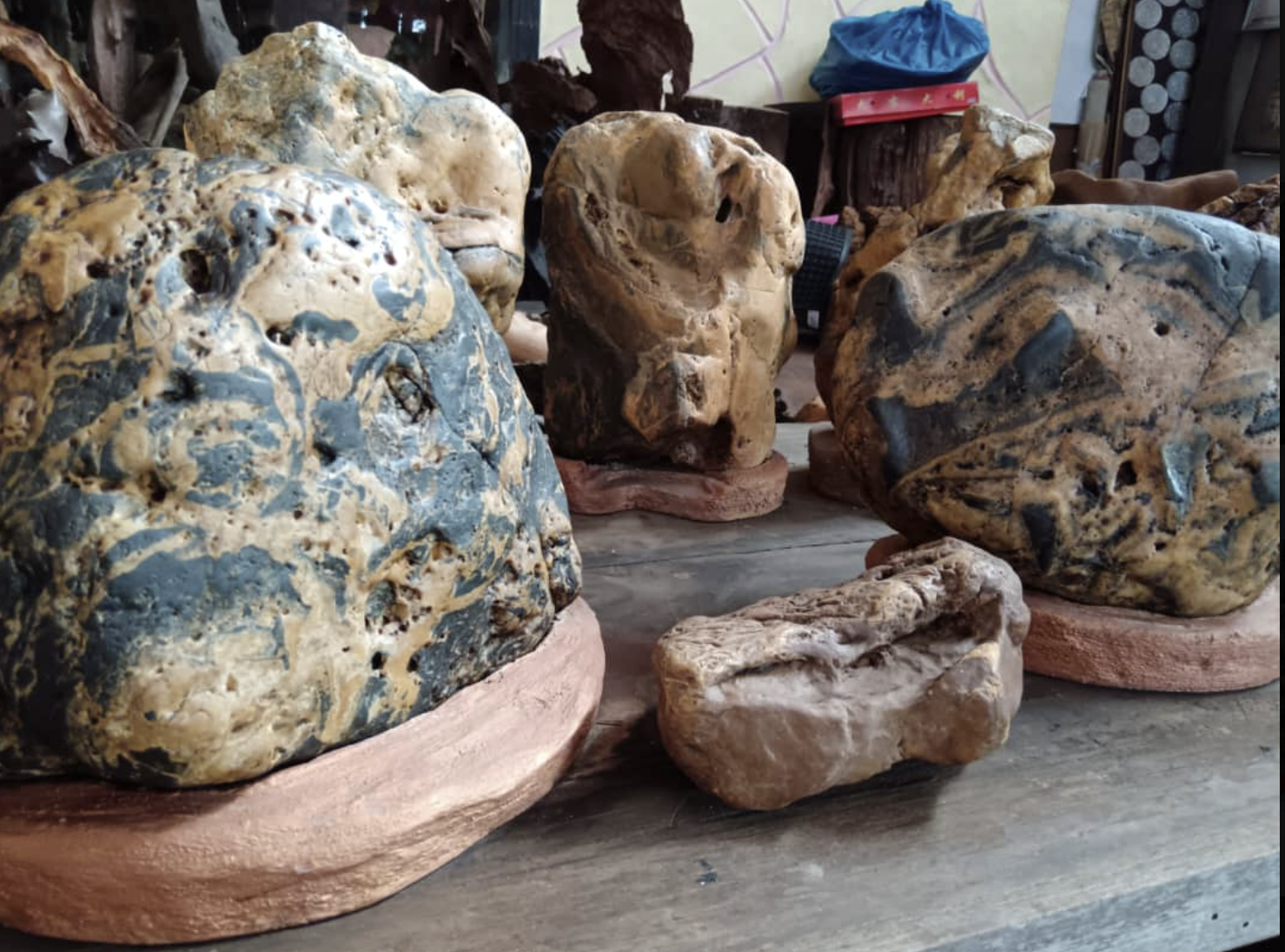Feature landscape rocks and mounted boulders for sale at GP FloraL wholesale nursery in Penang