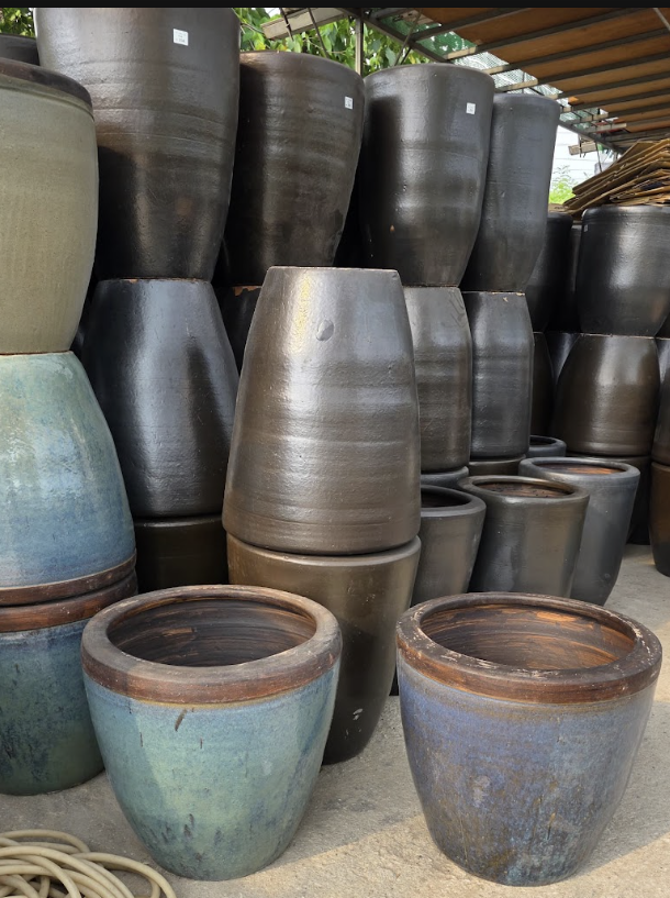 Glazed ceramic pottery, urns and planter pots at GP FloraL wholesale nursery in Penang